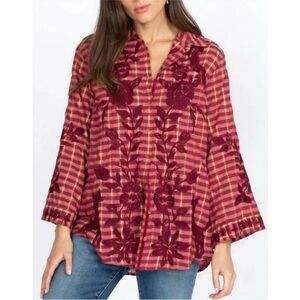Johnny Was Martina Kimono Sleeve Red Bell Sleeves Embroidered Blouse